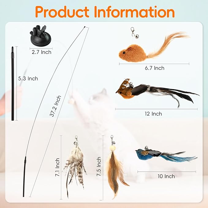 Interactive Bird Simulation Cat Feather Toy Set Cat Retractable Wand Toys Suction Cups Base,Include Detachable 7 Pcs Replacements Feathers Toys-Mewly Pet
