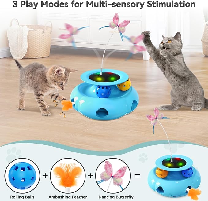 3in1 Interactive Cat Toys for Indoor Cats Rechargeable,Whack a Mole Cat Toy, Fluttering Butterfly, Track Balls, Automatic Kitten Toys Touch Activated, 2 Refill Feather-Mewly Pet