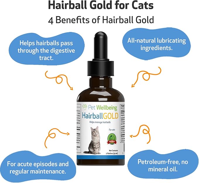 Pet Wellbeing Hairball Gold for Cats - Vet-Formulated - Eases Passage of Hairballs Through Digestive Tract - No Mineral Oil, All-Natural Lubrication - 2 oz (59 ml)-Mewly Pet