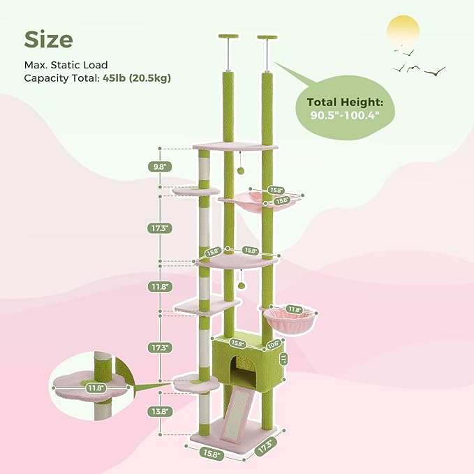 PEQULTI Tall Cat Tree Floor to Ceiling Cat Tower Adjustable Height (90.5''-100.4'' = 230cm-252cm) with Cat Condo, Cozy Hammock and Scratching Post, Pink Flower Climbing Tree for Indoor Cats, Pink-Mewly Pet