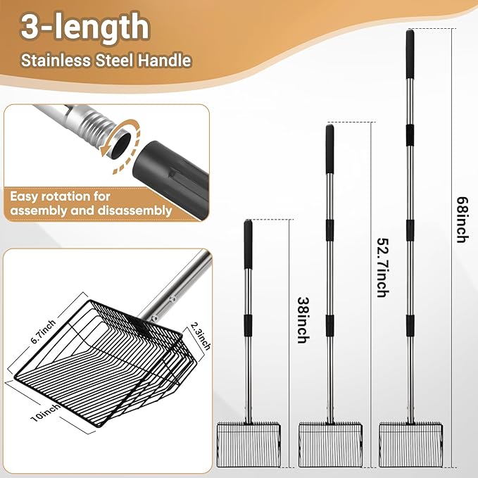 10inch Large Metal Chicken Poop Scooper, 24 to 68" Long Chicken Coop Litter Scoop with Stainless Steel Handle, 4 in 1 Multifunctional Heavy Duty Litter Sifting Shovel Chicken Coop Accessories-Mewly Pet