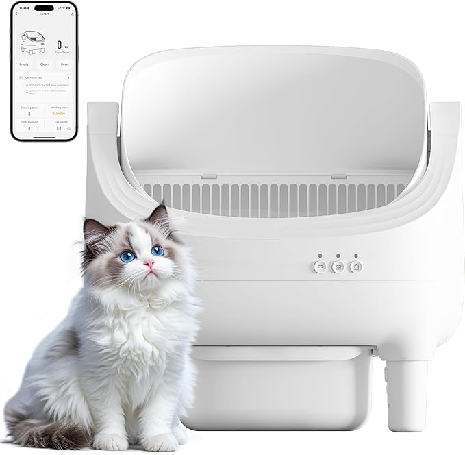Greesum Automatic Self-Cleaning Litter Box for Cats - Open-Top Design, Easy Odor Control, Smart APP Control, 15L Large Waste Bin, Includes Trash Bags & Mat (White)-Mewly Pet
