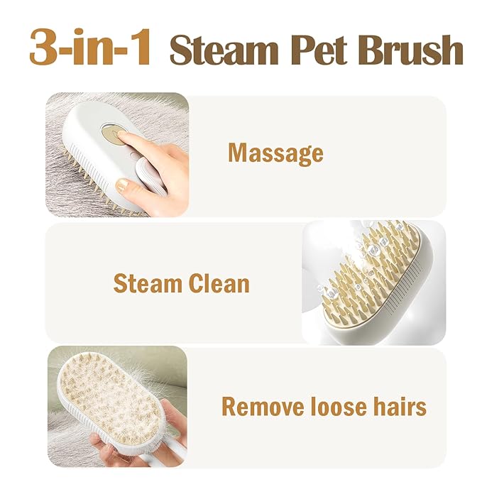Cat Steam Brush, 3 in 1 Pet Spray Hair Removal Comb, Cats and Dogs Brush for Shedding, Rechargeable Silicone Pet Steam Brushes, Spritz Defur Comb for Massage, Cleaning and Remove Loose Hair - White-Mewly Pet