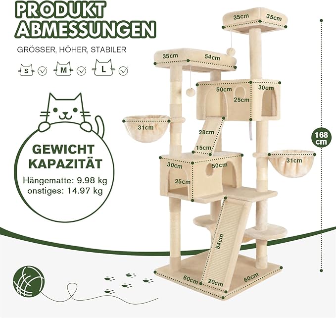 MUTICOR 66 Inches Multi-Level Large Cat Tree Tower for Indoor Big Feline/Cozy Plush Perches/Condo/Sisal Scratching Posts/Hammock and Baskets/Activity Center Play House/Wide Base/Beige-Mewly Pet