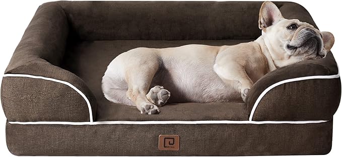 EHEYCIGA Orthopedic Dog Bed for Medium Dogs, Waterproof Memory Foam Medium Dog Beds with Sides, Non-Slip Bottom and Egg-Crate Foam Pet Couch Bed with Washable Removable Cover, Brown-Mewly Pet