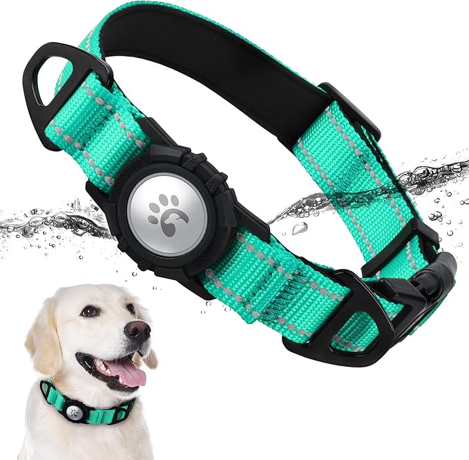 TagME Airtag Dog Collar,Waterproof Reflective Pet Collar with Airtag Holder,Soft Padded and Double D-Rings for Large Dogs,Turquoise-Mewly Pet