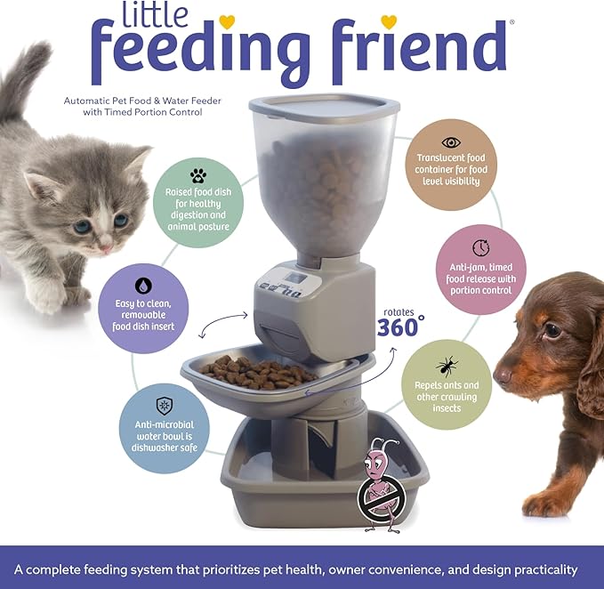 Automatic Dog & Cat Food Feeder with Water Dispenser – Smart Pet Feeder with Portion Control, OLED Display, Anti Jam Design, Battery Operated Dispenser for Small Pets - Taupe-Mewly Pet