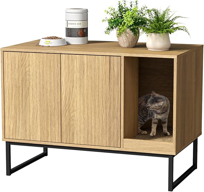 Cat Litter Box Enclosure, Fluted Hidden Litter Box Furniture with Scratch Pad and Metal Legs, Modern Enclosed Cat Cabinet, 31.5 x 17.7 x 21.7 Inches Indoor Pet House for Living Room, Washroom, Natural-Mewly Pet