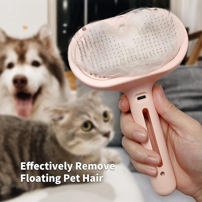 3-in-1 Steam Brush with Release Button and Tank, Anti-Static Pet Brush for Long and Short Hair - Removes Tangles and Loose Hair (Pink)-Mewly Pet