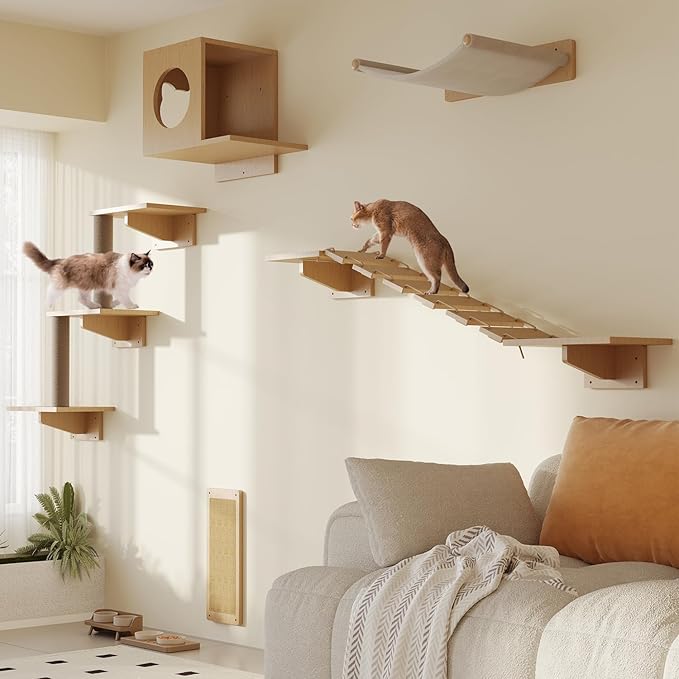 MeowHomm Cat Wall Shelves, Set of 5 Wooden Cat Wall Furniture with Cat Condo, Cat Scratching Post with 3 Steps, Bridge, Cat Hammocks and Scratcher-Mewly Pet