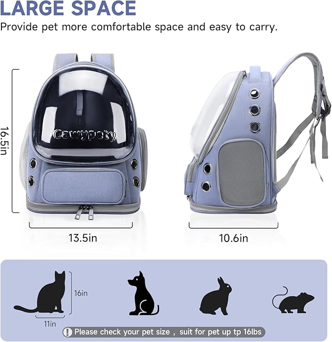 Cat Backpack Carrier, Breathable Cat Carrier Large Space Bubble Pet Backpack for Kitty Small Dog up to 12lbs, Transparent & Foldable Pet Carrier for Travel Hiking (Blue-Mewly Pet