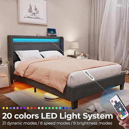 Rolanstar Bed Frame Queen Size with LED Lights and Charging Station, Upholstered Bed with Motion Activated Night Light and Wood Slats, Dark Grey
