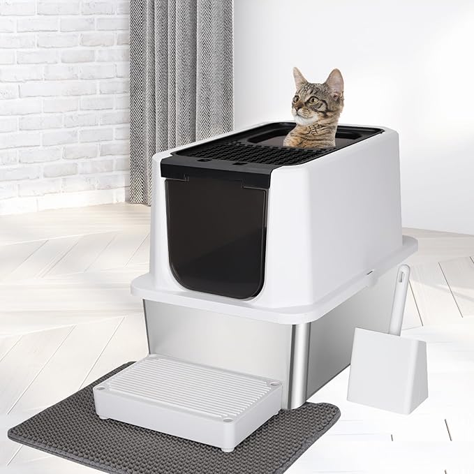 RIZZARI Stainless Steel Cat Litter Box, Odorless Enclosed Litter Box with Top Holes, Large Litter Pan for Small to Large Sized Cats (Black, 24" L*16" W*18" H)-Mewly Pet