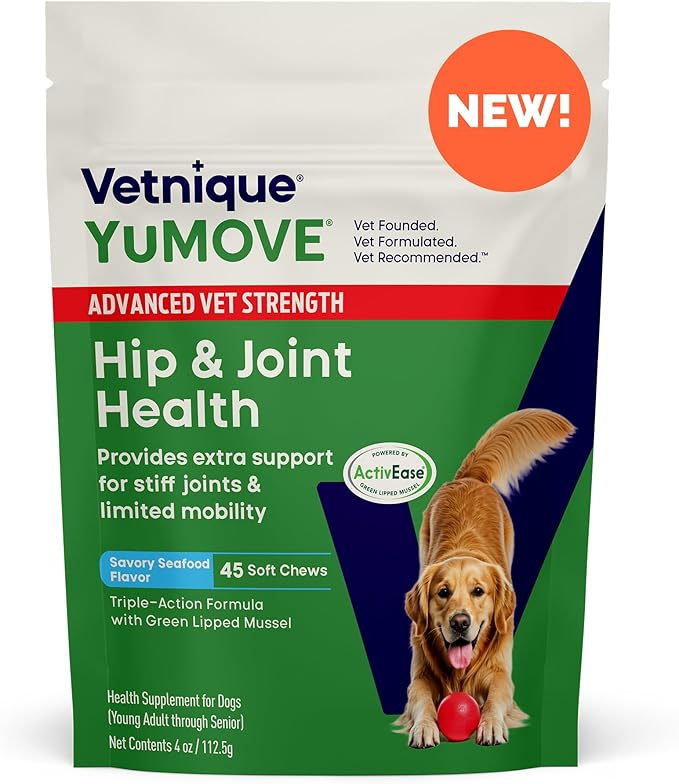 YuMOVE Hip & Joint Supplement for Dogs with Glucosamine, Hyaluronic Acid, Green Lipped Mussel & Omega 3 Joint Supplement - Regular or Advanced Strength (45ct, Advanced Vet Strength Soft Chews)-Mewly Pet