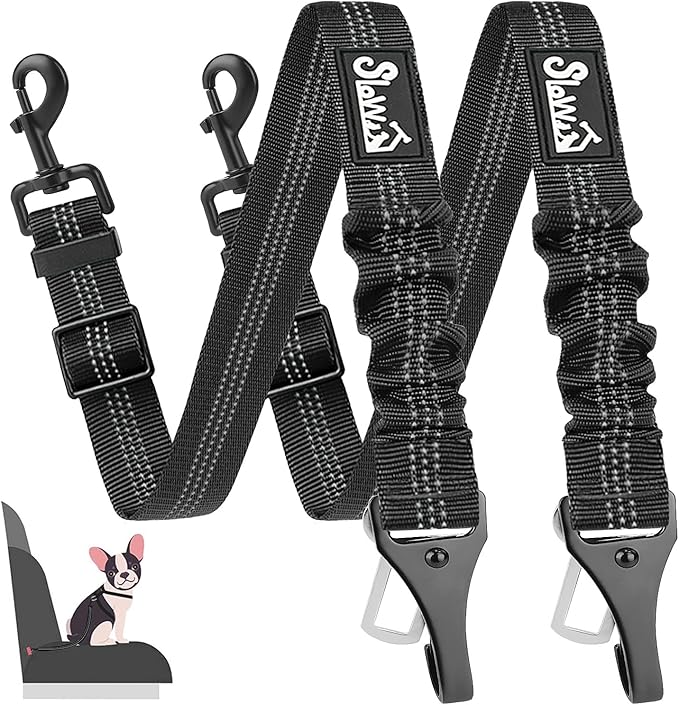 SlowTon Dog Seat Belt, Adjustable Dog Safety Belt Leash, 2 in 1 Latch Bar Attachment Dog Car Seatbelt with Elastic Nylon Bungee Buffer, Reflective Nylon Belt Tether Connect to Dog Harness (2Black)-Mewly Pet