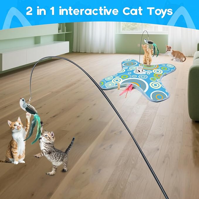 VIWIK Hide and Seek Toys for Indoor Adult Cats with Suction Cup & Cover, Interactive Automatic Moving Concealed Feather Kitten Wand Bird Toy, Cat Enrichment Toys for All Breeds Blue-Mewly Pet
