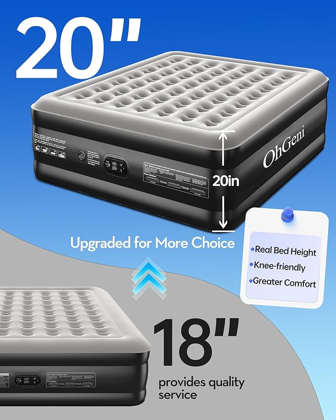 OhGeni 20" Raised Cal King Air Mattress with Built in Pump, Keep Feet from Dangling, Extra Length Blow up Mattress, Back-Friendly Airbed for Guests, Luxury Comfort for People(190CM Height), 700lbs