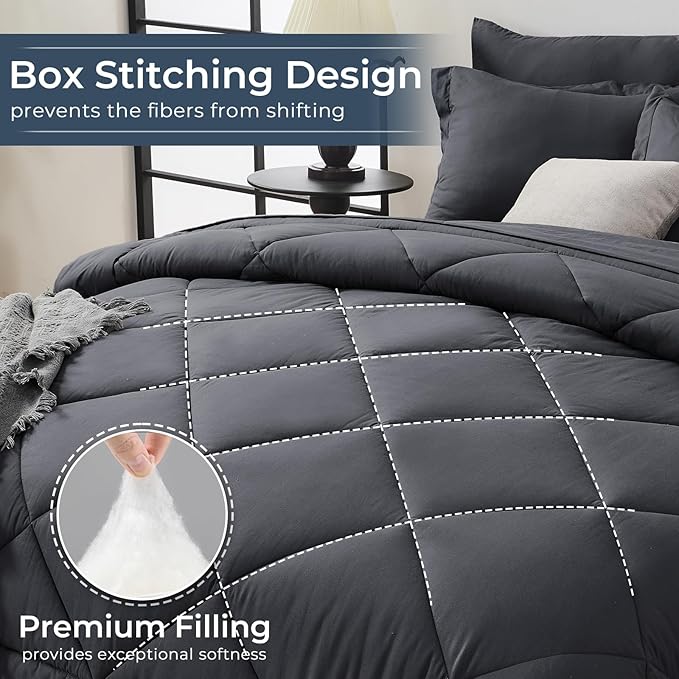 HEVUMYI 120x98 Oversized King Comforter Set Dark Grey- 7-Piece All Season Bed in a Bag Oversized King, Soft Bedding Set with Comforter, Flat Sheet, Deep Pocket Fitted Sheet, Pillowcases, Pillow Shams