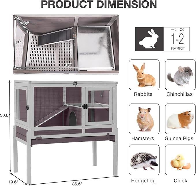 Guinea Pig Cage Indoor with Wheels Rabbit Hutch with Removable Proof Tray and Cool Zinc Plate Chew-Resistant Metal Frame Hamster Cage with Elevated Legs 36.6" L（Grey）-Mewly Pet