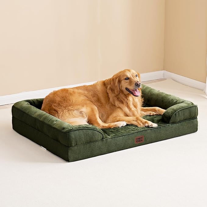 EHEYCIGA Orthopedic XL Dog Beds, Waterproof Memory Foam Dog Bed for Extra Large Dogs, Non-Slip Bottom and Egg-Crate Foam Big Pet Couch Bed with Washable Removable Cover, Dark Green-Mewly Pet