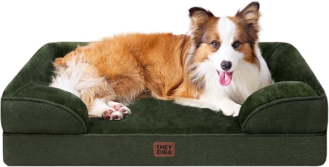 EHEYCIGA Orthopedic Dog Beds for Large Dogs, Waterproof Memory Foam Large Dog Bed with Sides, Non-Slip Bottom and Egg-Crate Foam Pet Couch Bed with Washable Removable Cover, Dark Green-Mewly Pet