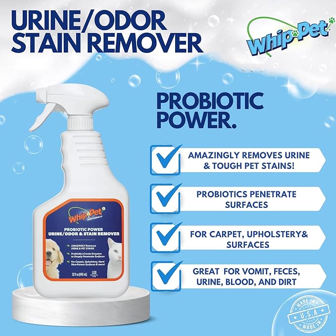 Whip-Pet Pet Odor Eliminator and Stain Remover -Professional Strength Enzymatic Cleaner for Dog Urine and Carpet Odor Eliminator - Pet Odor Remover, 32OZ-Mewly Pet
