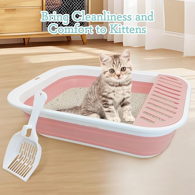 Fhiny Cat Litter Box Portable Shallow Litter Box 17.7"x13.4"x4.9" Foldable Cat Toilet with Scoop Open Kitty Potty Pan with Litter Drop Pedal Easy to Clean Travel Kitten Toilet(Pink)-Mewly Pet
