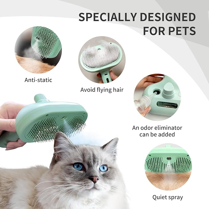 Cat Steam Brush for Shedding, 3 In 1 Steam Pet Brush Self Cleaning, Dog Brush for Long and Short Hair Dogs and Cats, Pet Grooming Comb Remove Tangled Loose Hair, Type-C Fast Charging (Green)-Mewly Pet