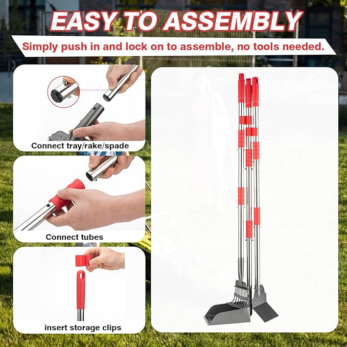 Pooper Scooper, Long Handle Dog Pooper Scooper, Heavy Duty Stainless Steel Rake with Tray & Spade Set for Pet Waste Removal, for Grass, Dirt or Gravel-Mewly Pet