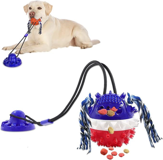 Aggressive Chewer Dog Toys - Rope Toys with Suction Cup, Teething Treats & Puzzle Food Dispensing Ball (Navy Blue)-Mewly Pet