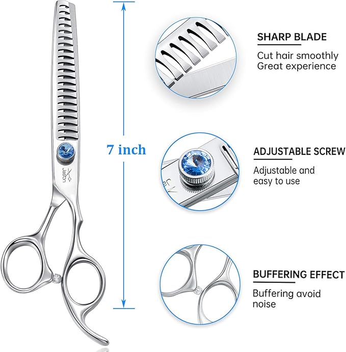 JASON 7 Inch 21-Teeth Chunkers Shears for Dogs, Ergonomic Cats Grooming Texturizing Blending Thinning Shears Pets Trimming Kit with Offset Handle, Sharp, Comfortable Shear-Mewly Pet