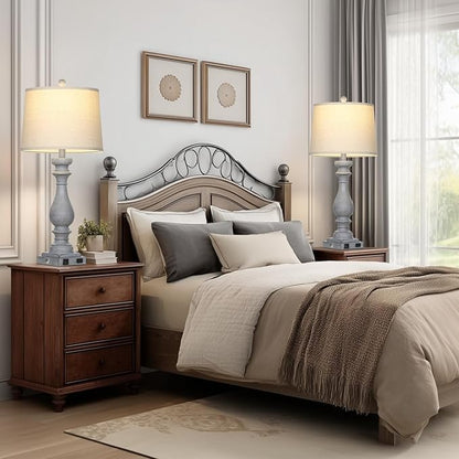 29" Tall Farmhouse Table Lamp for Living Room Set of 2,Vintage Retro Nightstand Lamps with USB C+A Ports & AC Outlet,3-Way Dimmable Touch Bedside Lamp for Bedroom Side Table,Light Grey