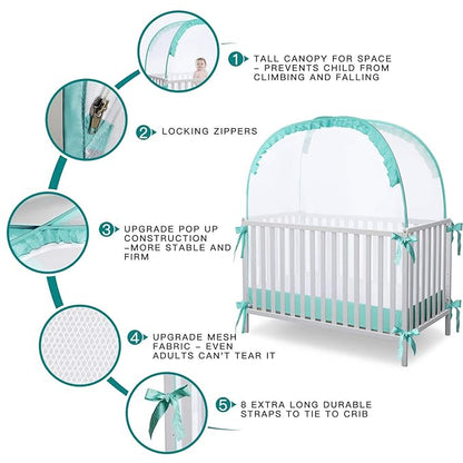 Crib Pop Up Tent Baby Safety Mesh Cover Mosquito Net Toddler Bed Canopy Netting Cover Protect Baby from Biting and Falling, Emerald, 51 x 51 x 27 Inch