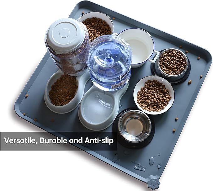 Hoki Found XX-Large Silicone Pet Feeding Mats - Non Slip Cat Dog Bowl Mats - Waterproof, Gray (28'' x 26'')-Mewly Pet