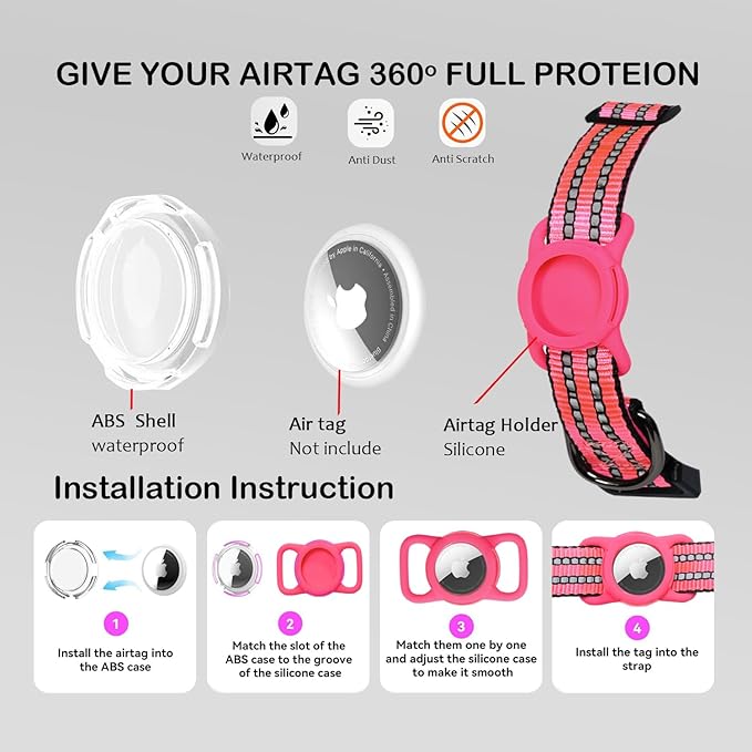 Reflective Dog Collar with Apple AirTag Holder & QR Code Pet ID Tag,Soft Nylon Adjustable Dog Tracker Collar with Safety Lock for Medium Dogs (Rose Red, M)-Mewly Pet