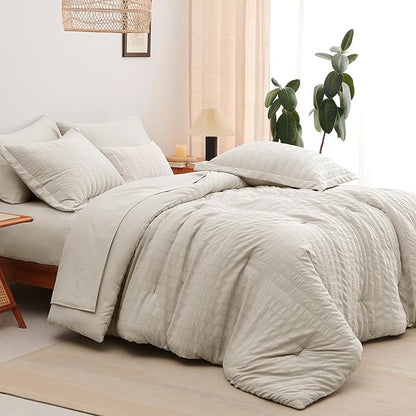 CozyLux Queen Comforter Set Beige Seersucker 7 Pieces Bed in a Bag Queen Comforter Set with Sheets, Luxury Soft Bedding Set with Down Alternative Comforter, Sheets, Pillowcases & Shams for All Seasons