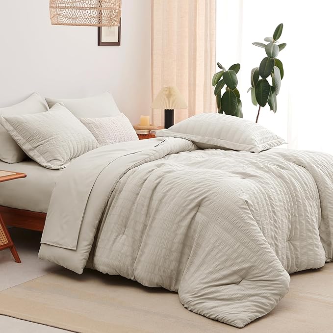 CozyLux Twin XL Comforter Set with Sheets Seersucker Beige 5 Pieces Bed in a Bag, Twin Extra Long Luxury Soft Bedding Sets for College Dorm with Down Alternative Comforter, Sheets, Pillowcases & Shams