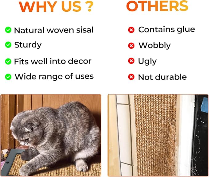 Cat Scratching Post, Natural Wooden Sisal Cat Wall Scratcher, Floor or Wall Mounted Vertical Cat Scratch Pad for Indoor Cats Adults or Kittens, Cat Wall Furniture Protector (Single Grey)