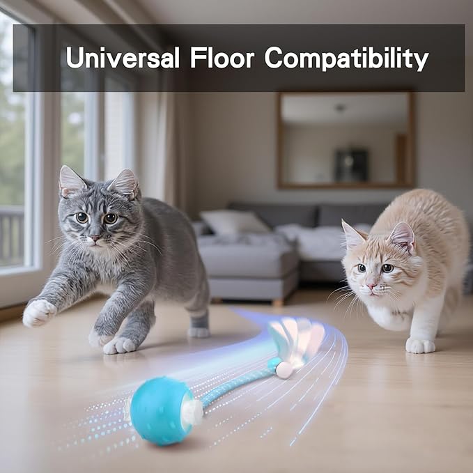 Interactive Cat Toys Ball for Indoor Cats, Automatic Agile Rolling Cat Ball with Elastic Mesh Tail, Bird Chirping & Motion Activated, 2 Tail Accessories, Kitten Toy for Bored (Blue)-Mewly Pet