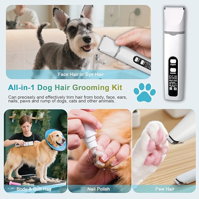 4 in 1 Dog Clippers Grooming Kit with LED Screen, Cordless Quiet Paw Trimmer & Nail Grinder, Rechargeable Waterproof Feet Ear Body Hair Shaver for Cats Dogs Pet Supplies-Mewly Pet