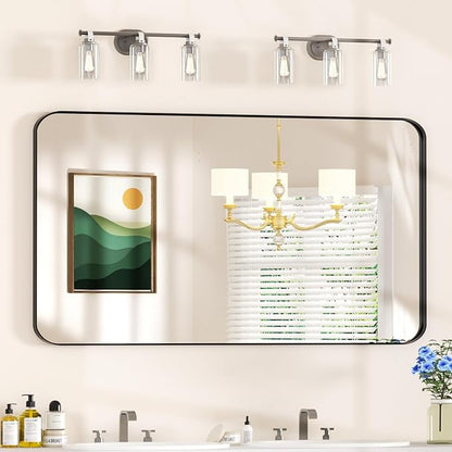 55×30 Black Vanity Mirror for Bathroom Sink - Rectangle Aluminum Frame Mirror with Tempered Glass & Rounded Corners for Living Room, Hallway, Horizontal/Vertical, Home Decor