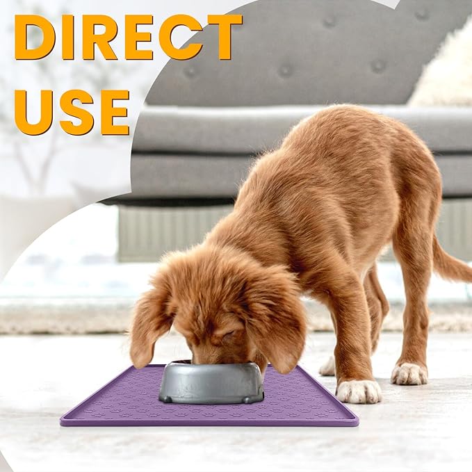 Ptlom Dog Food Mat Anti-Slip Bowl Mats for Food and Water, Waterproof Silicone Pet Placemat with High Raised Edges, Non-Slip Puppy Feeding Tray for Small, Medium Large Cats Dogs, Purple, 11.8"x11.8"-Mewly Pet