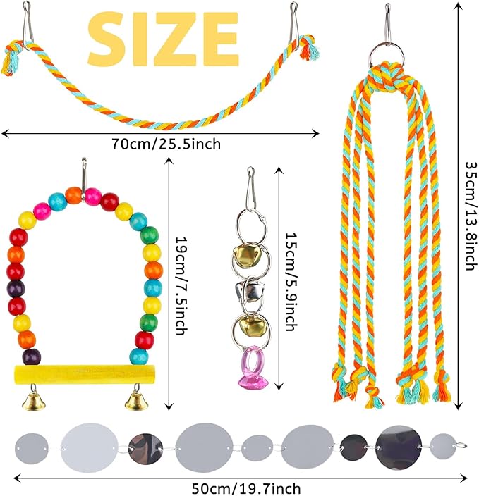 8 pcs Bird Toys for Parakeets with Colorful Ladder Hammock Bird Cage Accessories Bird Perch Stand Chewing Toys Hanging Bell Parrot-Mewly Pet