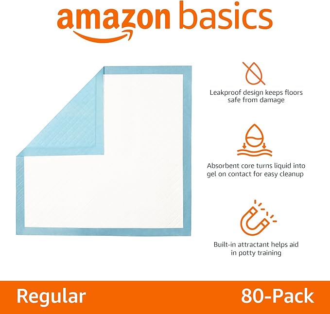 Amazon Basics Heavy Duty Dog and Puppy Pee Pads, 5-Layer Leak-Proof Ultra Absorbent, Quick-Dry Surface, Potty Training, Regular (24x23"), 80 Count, Blue & White-Mewly Pet