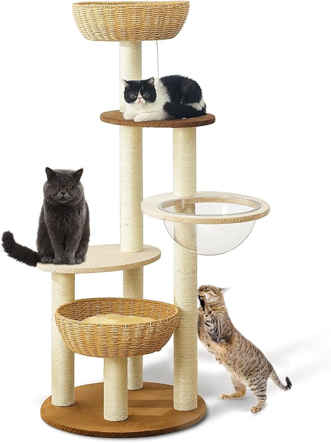Modern Cat Tree Tower for Large Cats, Real Natural Sisal Luxury Cat Condo, Manual Hand Woven Wood Cat Tower, Indoor Cat Scratching Tree, New Cat Condo Lover Gift-Mewly Pet