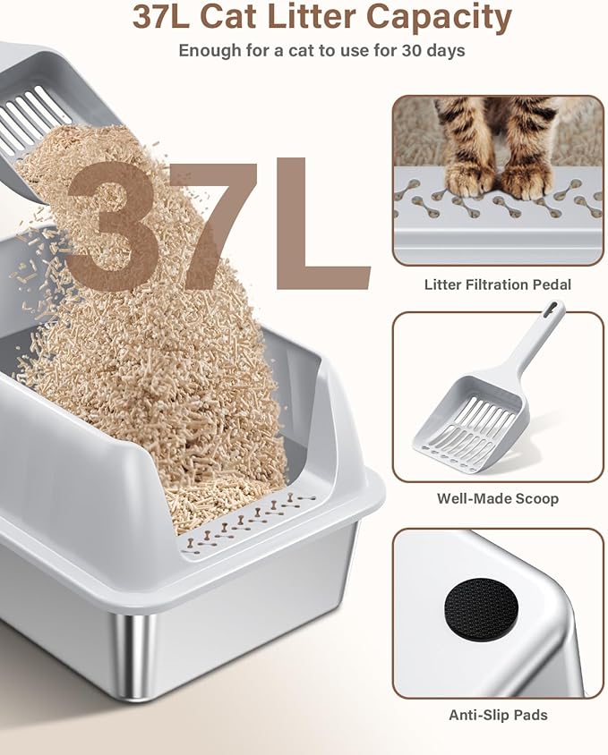 Cat Litter Box Stainless Steel XL with Lid, Enclosed Metal Extra Large Litter Box Pan High Sided with Scoop for Big Cats, Non-Sticky, Anti-Urine Leakage, Easy Cleaning-Mewly Pet