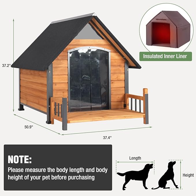 Large Dog House Outdoor Insulated Weatherproof Dog Kennel with Insulated Liner, Dog Shelter for Large Breed with Anti-Chewing Iron Fram and Porch (Brown, 50.9" D x 37.4" W x 37.2" H)-Mewly Pet