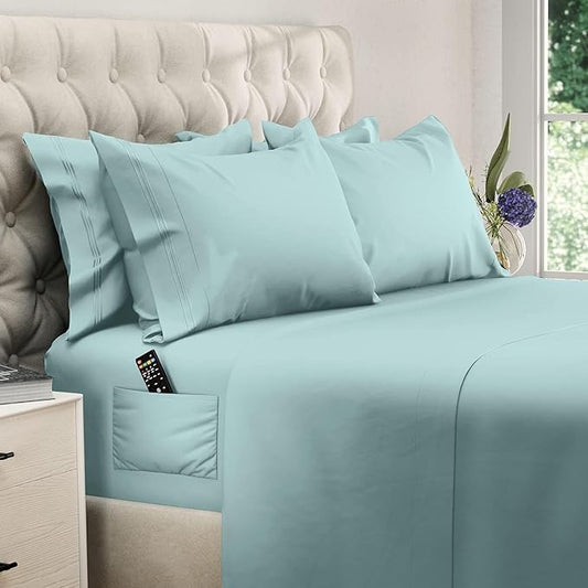 DREAMCARE King Size Sheets Set – 6 pcs Cooling Bed Sheets – up to 21” Deep Pocket King Sheet Set – 2500 Supreme Collection – Extra Soft 100% Brushed Microfiber Hotel Luxury with Side Pocket – Spa Blue