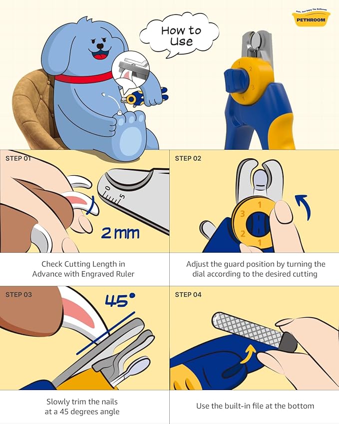 PETHROOM] Professional Dog Nail Clipper with Transparent Guard & Nail File | Adjustable Cutting Length (1-3mm) Sturdy, Durable Stainless Steel Blade | Nail Trimmer for Pets Avoid Overcutting-Mewly Pet