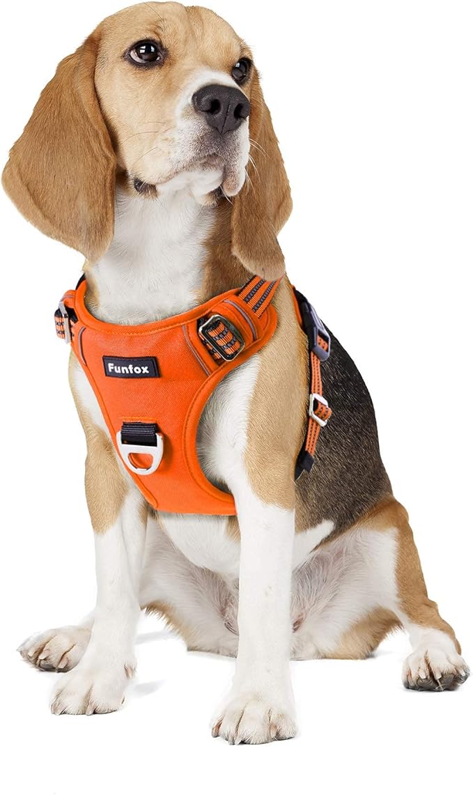 Funfox Dog Harness No Pull, Adjustable Pet Vest Harness, Super Soft Material with Vertical Handle Easy Control, Reflective Night Walking, 2 Leash Clips for Small Sized Dogs, Orange, S-Mewly Pet
